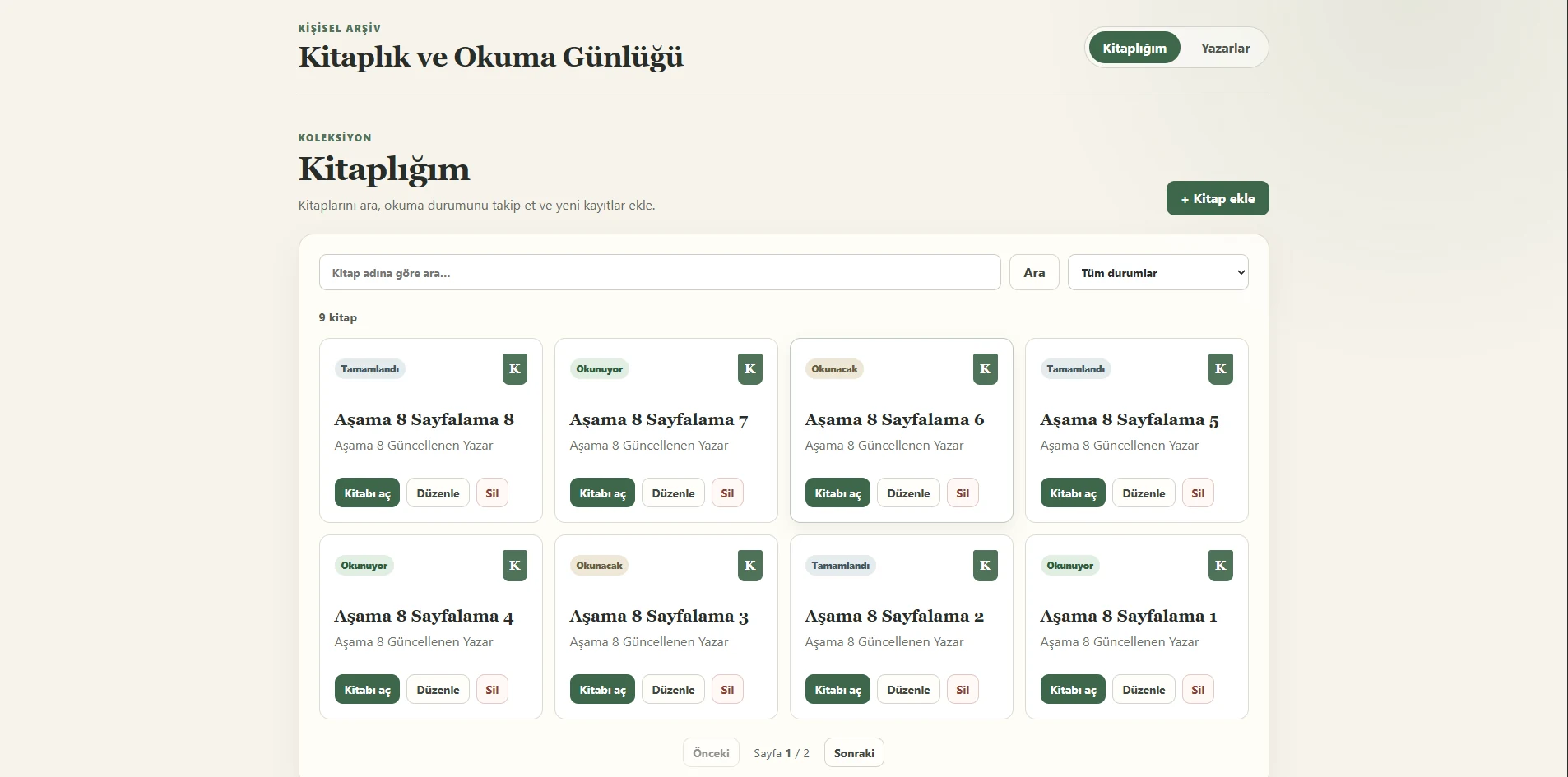 Kişisel Kitaplık kitap listesi, arama ve okuma durumu filtresi